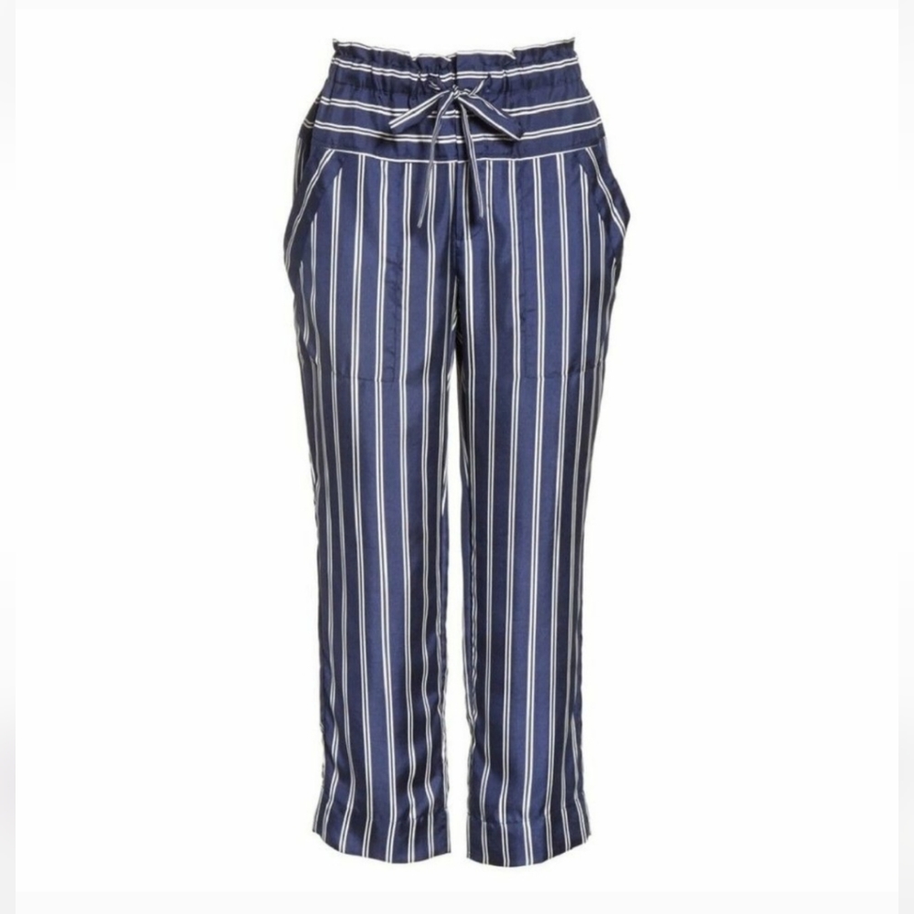 NWT Joie Addiena Silk Stripe Cropped Pants Dark Navy L Coastal Nautical Capsule - Picture 3 of 15
